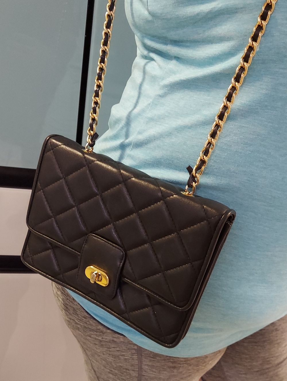 Giani Bernini Bag, Black Genuine Leather Quilted, Gold Chain, Vintage